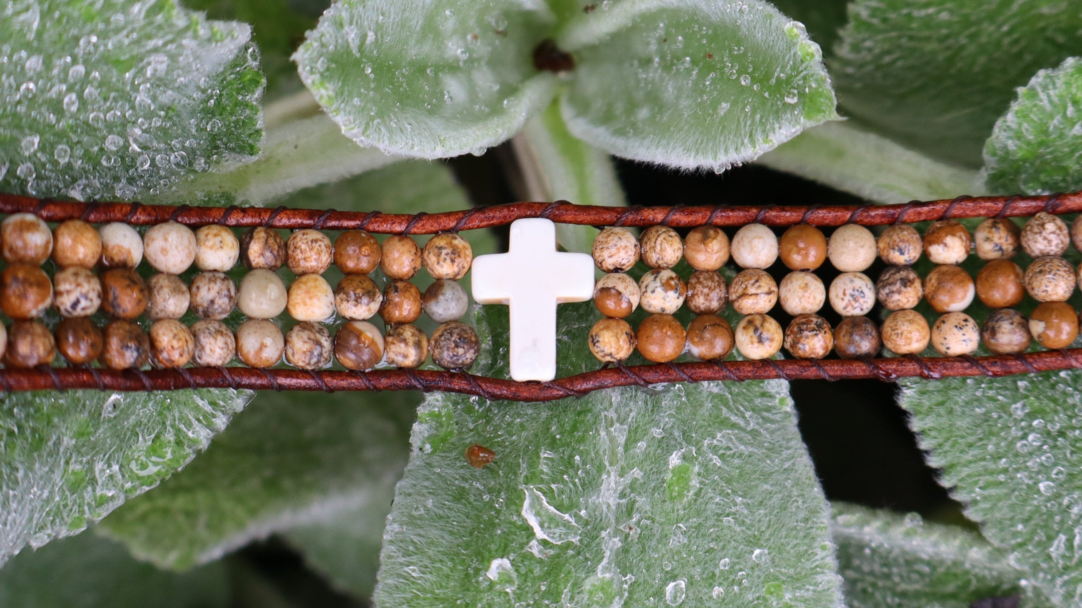 Bracelet laying on a green plant
